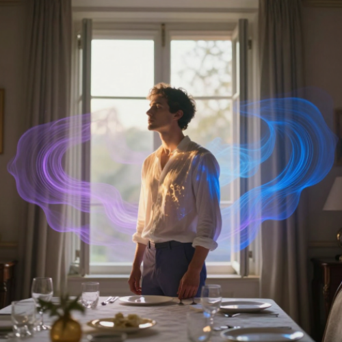 Structure énergétique poreuse représentée par des flux de lumière bleu et violet interagissant avec l'aura d'une personne debout à coté de la table.
