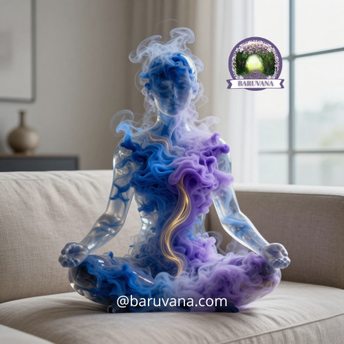 Structure énergétique saturée par la fatigue et représentée par une silhouette en cristal translucide contenant des flux d'énergie bloqués bleu et violet.