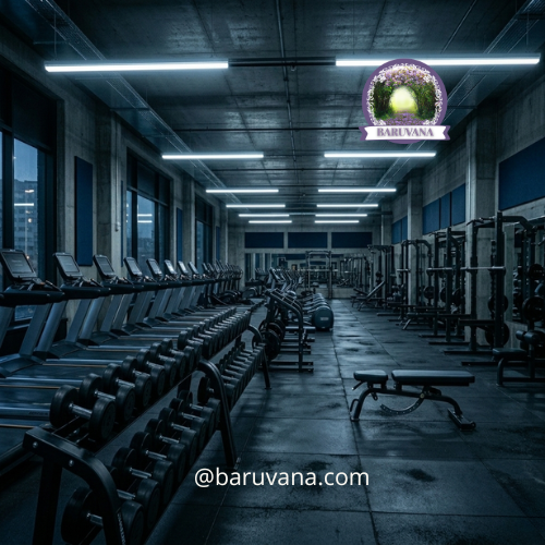 Salle de sport saturée d’énergie lourde – équipement prêt mais atmosphère pesante et stagnante avant harmonisation Baruvana