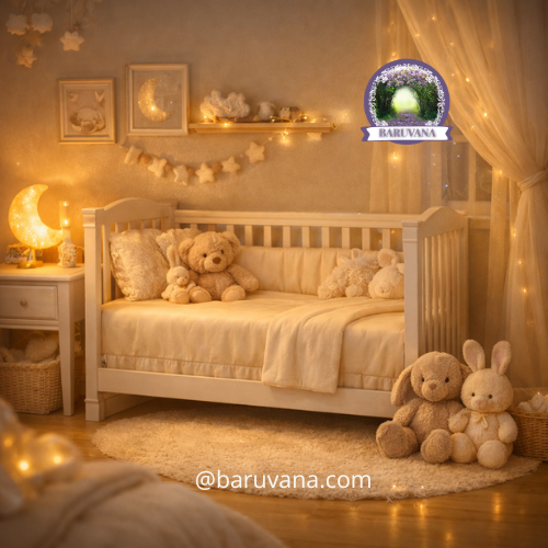 Chambre de bébé apaisée après nettoyage énergétique du foyer – lumière douce, atmosphère sereine et sommeil profond Baruvana