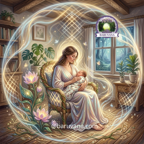 Illustration féerique d'une maman et son bébé dans un cocon de lumière protecteur. La scène montre une chambre apaisée où une grille lumineuse au sol symbolise le nettoyage du foyer pour un sommeil profond. Style artistique doux aux tons dorés et irisés.