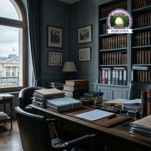 Cabinet d’avocat saturé d’énergie lourde – dossiers et atmosphère pesante avant harmonisation Baruvana 
