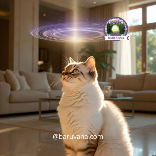 Chat domestique captant des flux d'énergie translucides bleus et violets dans un salon lumineux en été.