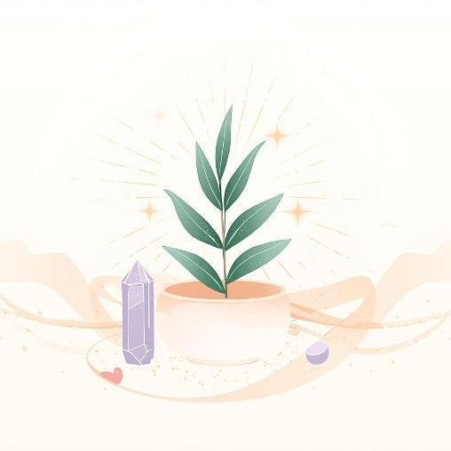 Consécration Objets et Plantes - Illustration spirituelle douce représentant une belle plante verte dans un pot, accompagnée d’un cristal de quartz violet, pierres et cœur, entourée de lumière et d’énergie rayonnante. Art pour la consécration d’objets, bénédiction des plantes, purification et activation énergétique des outils spirituels.