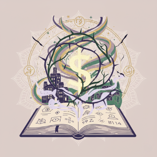 Étude sur les Blocages de l’Abondance - Illustration spirituelle symbolisant les obstacles à la prospérité : un grand signe dollar ($) entouré de branches d’épines et de ronces, au-dessus d’un livre ancien ouvert rempli de symboles ésotériques, avec un village en arrière-plan et mandala sacré. Art pour la libération des blocages financiers, guérison des obstacles à l’abondance et transformation énergétique.
