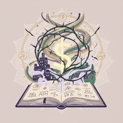 Étude sur les Blocages de l’Abondance - Illustration spirituelle symbolisant les obstacles à la prospérité : un grand signe dollar ($) entouré de branches d’épines et de ronces, au-dessus d’un livre ancien ouvert rempli de symboles ésotériques, avec un village en arrière-plan et mandala sacré. Art pour la libération des blocages financiers, guérison des obstacles à l’abondance et transformation énergétique.