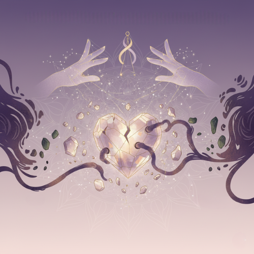 Étude sur les Fragments d’Âme - Illustration mystique représentant un cœur de cristal brisé entouré de fragments flottants, deux mains éthérées se faisant face au-dessus, sur fond violet avec mandala et symboles spirituels. Art spirituel pour la guérison des fragments d’âme, reconnexion spirituelle, soin énergétique émotionnel et cicatrisation de l’âme.