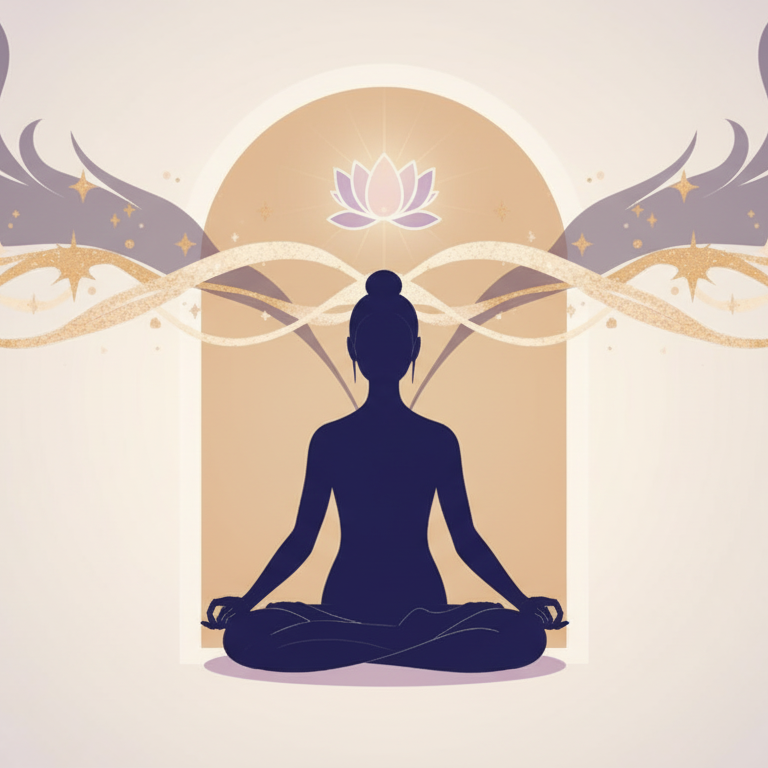 Harmonisation Complète d’un Lieu - Illustration spirituelle d’une silhouette en méditation devant une arche lumineuse, avec un lotus sacré rayonnant au-dessus de sa tête et des flux énergétiques dorés. Art pour l’harmonisation complète d’un lieu, nettoyage énergétique global, élévation vibratoire d’une maison et équilibre énergétique.