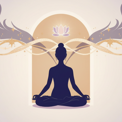 Harmonisation Complète d’un Lieu - Illustration spirituelle d’une silhouette en méditation devant une arche lumineuse, avec un lotus sacré rayonnant au-dessus de sa tête et des flux énergétiques dorés. Art pour l’harmonisation complète d’un lieu, nettoyage énergétique global, élévation vibratoire d’une maison et équilibre énergétique.