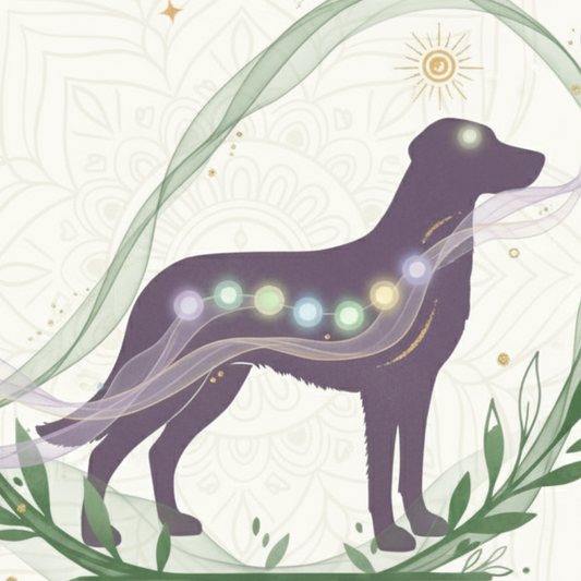 Harmonisation des Chakras Animal - Illustration spirituelle d’un chien en silhouette avec ses 7 chakras alignés et lumineux le long du corps, entouré de flux énergétiques colorés, feuilles et mandala sacré. Art pour l’harmonisation des chakras des animaux, soin énergétique animalier, bien-être animal et équilibre subtil des compagnons.