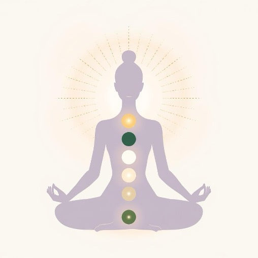 Harmonisation des Chakras sur une Personne - Illustration spirituelle d’une silhouette en méditation lotus vue de dos, avec les 7 chakras principaux alignés et lumineux le long de la colonne vertébrale et un halo radiant derrière la tête. Art pour l’harmonisation complète des chakras, rééquilibrage énergétique, alignement des centres subtils et élévation spirituelle.