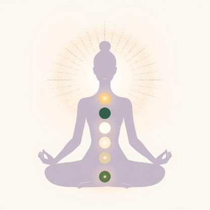 Harmonisation des Chakras sur une Personne - Illustration spirituelle d’une silhouette en méditation lotus vue de dos, avec les 7 chakras principaux alignés et lumineux le long de la colonne vertébrale et un halo radiant derrière la tête. Art pour l’harmonisation complète des chakras, rééquilibrage énergétique, alignement des centres subtils et élévation spirituelle.