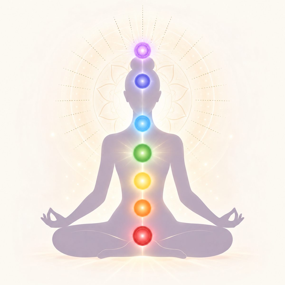 Harmonisation des Chakras sur une Personne - Illustration spirituelle d’une silhouette en méditation lotus vue de dos, avec les 7 chakras principaux alignés et lumineux le long de la colonne vertébrale et un halo radiant derrière la tête. Art pour l’harmonisation complète des chakras, rééquilibrage énergétique, alignement des centres subtils et élévation spirituelle.