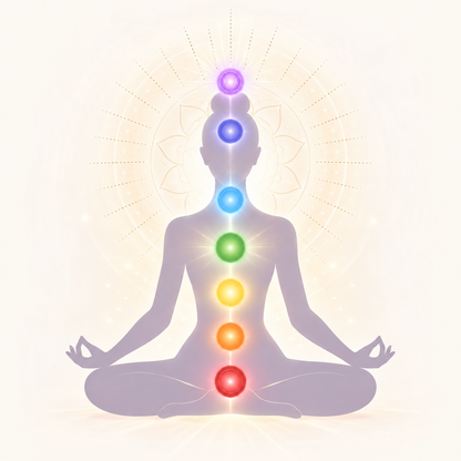 Harmonisation des Chakras sur une Personne - Illustration spirituelle d’une silhouette en méditation lotus vue de dos, avec les 7 chakras principaux alignés et lumineux le long de la colonne vertébrale et un halo radiant derrière la tête. Art pour l’harmonisation complète des chakras, rééquilibrage énergétique, alignement des centres subtils et élévation spirituelle.