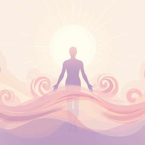 Illustration spirituelle de libération des âmes errantes montrant une silhouette humaine en ascension au-dessus de vagues d'énergie violettes et roses. Un grand soleil central diffuse une lumière purificatrice et dorée, symbolisant le passage vers la lumière et l'apaisement des mémoires. Cette scène évoque une profonde sensation de paix, de légèreté et d'unité retrouvée.