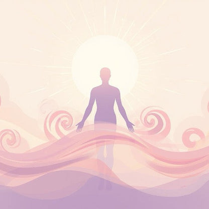 Illustration spirituelle de libération des âmes errantes montrant une silhouette humaine en ascension au-dessus de vagues d'énergie violettes et roses. Un grand soleil central diffuse une lumière purificatrice et dorée, symbolisant le passage vers la lumière et l'apaisement des mémoires. Cette scène évoque une profonde sensation de paix, de légèreté et d'unité retrouvée.