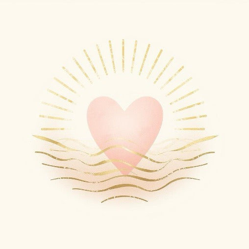 Libération des Blessures Émotionnelles - Illustration spirituelle douce et minimaliste représentant un cœur rose lumineux flottant au-dessus de vagues dorées, surmonté d’un soleil rayonnant. Art pour la libération des blessures émotionnelles, guérison du cœur, apaisement émotionnel et cicatrisation intérieure.