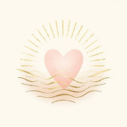 Libération des Blessures Émotionnelles - Illustration spirituelle douce et minimaliste représentant un cœur rose lumineux flottant au-dessus de vagues dorées, surmonté d’un soleil rayonnant. Art pour la libération des blessures émotionnelles, guérison du cœur, apaisement émotionnel et cicatrisation intérieure.