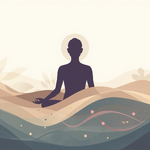 Libération des Douleurs Physiques - Illustration spirituelle apaisante d’une silhouette en position de méditation, auréolée de lumière, flottant au-dessus de vagues douces et ondulantes. Art pour la libération des douleurs physiques, soulagement des tensions corporelles, guérison énergétique du corps et apaisement des maux chroniques.