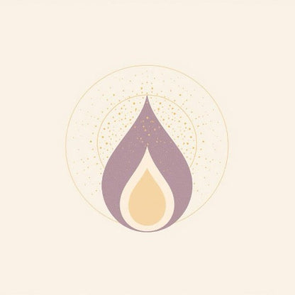 Illustration symbolique de la libération des esprits négatifs représentant une flamme stylisée violette et dorée au centre d'un cercle sacré. Le design minimaliste sur fond crème montre une goutte de lumière centrale émettant des particules d'or scintillantes, évoquant la purification énergétique et la transmutation des densités. Cette image inspire une sensation immédiate de clarté, de protection spirituelle et de renouveau intérieur pour le foyer.