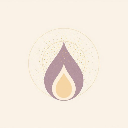 Illustration symbolique de la libération des esprits négatifs représentant une flamme stylisée violette et dorée au centre d'un cercle sacré. Le design minimaliste sur fond crème montre une goutte de lumière centrale émettant des particules d'or scintillantes, évoquant la purification énergétique et la transmutation des densités. Cette image inspire une sensation immédiate de clarté, de protection spirituelle et de renouveau intérieur pour le foyer.