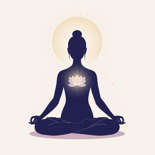 Libération des Implants Limitatifs - Illustration spirituelle d’une femme en méditation lotus, vue de dos, avec un lotus lumineux rayonnant au niveau du cœur et un grand soleil derrière elle. Art pour la libération des implants limitatifs, suppression des blocages énergétiques, désactivation des programmes limitants et guérison spirituelle profonde.