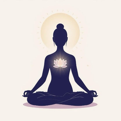 Libération des Implants Limitatifs - Illustration spirituelle d’une femme en méditation lotus, vue de dos, avec un lotus lumineux rayonnant au niveau du cœur et un grand soleil derrière elle. Art pour la libération des implants limitatifs, suppression des blocages énergétiques, désactivation des programmes limitants et guérison spirituelle profonde.