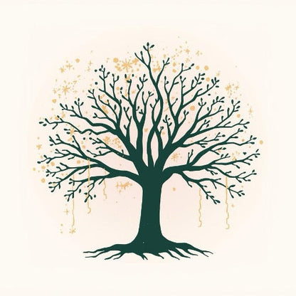 Libération des Liens Transgénérationnels - Illustration spirituelle d’un arbre ancestral aux racines profondes et branches déployées, entouré de particules dorées lumineuses symbolisant la libération. Art pour la guérison transgénérationnelle, libération des liens familiaux, coupure des schémas répétitifs et cicatrisation des blessures ancestrales.