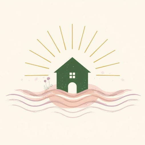 Libération des Mémoires des Murs et du Terrain - Illustration spirituelle d’une maison verte émergeant des vagues, surmontée d’un soleil rayonnant. Art pour la libération des mémoires des murs, nettoyage des empreintes énergétiques d’un lieu, guérison du terrain et purification des mémoires anciennes d’une habitation.