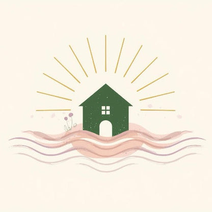 Libération des Mémoires des Murs et du Terrain - Illustration spirituelle d’une maison verte émergeant des vagues, surmontée d’un soleil rayonnant. Art pour la libération des mémoires des murs, nettoyage des empreintes énergétiques d’un lieu, guérison du terrain et purification des mémoires anciennes d’une habitation.