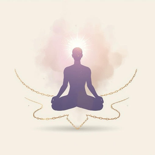 Libération des Mémoires Négatives de l’Âme - Illustration spirituelle puissante d’une silhouette en méditation, chaînes dorées se brisant et tombant autour d’elle, avec une lumière intense rayonnant au niveau de la tête. Art pour la libération des mémoires négatives de l’âme, guérison des blessures anciennes, purification karmique et libération émotionnelle profonde.