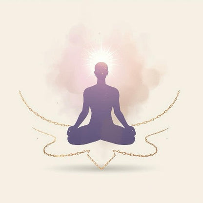 Libération des Mémoires Négatives de l’Âme - Illustration spirituelle puissante d’une silhouette en méditation, chaînes dorées se brisant et tombant autour d’elle, avec une lumière intense rayonnant au niveau de la tête. Art pour la libération des mémoires négatives de l’âme, guérison des blessures anciennes, purification karmique et libération émotionnelle profonde.