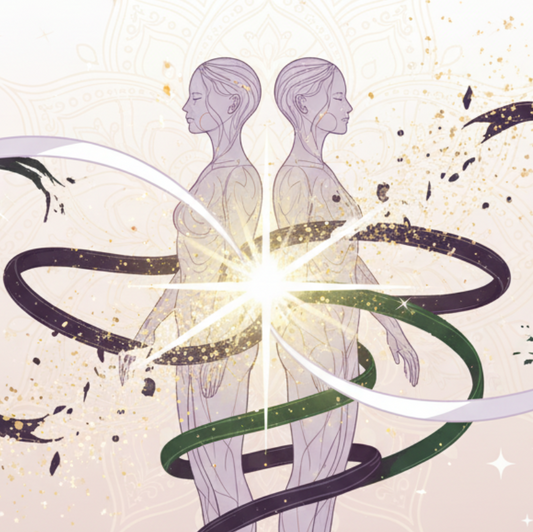Libération Liens Négatifs et Karmiques - Illustration spirituelle de deux silhouettes féminines jumelles dos à dos entourées de rubans énergétiques sombres et lumineux en train de se dissoudre, avec une explosion de lumière centrale et particules dorées. Art pour la libération des liens négatifs, coupure des cordons karmiques, guérison énergétique, détachement émotionnel et purification spirituelle.
