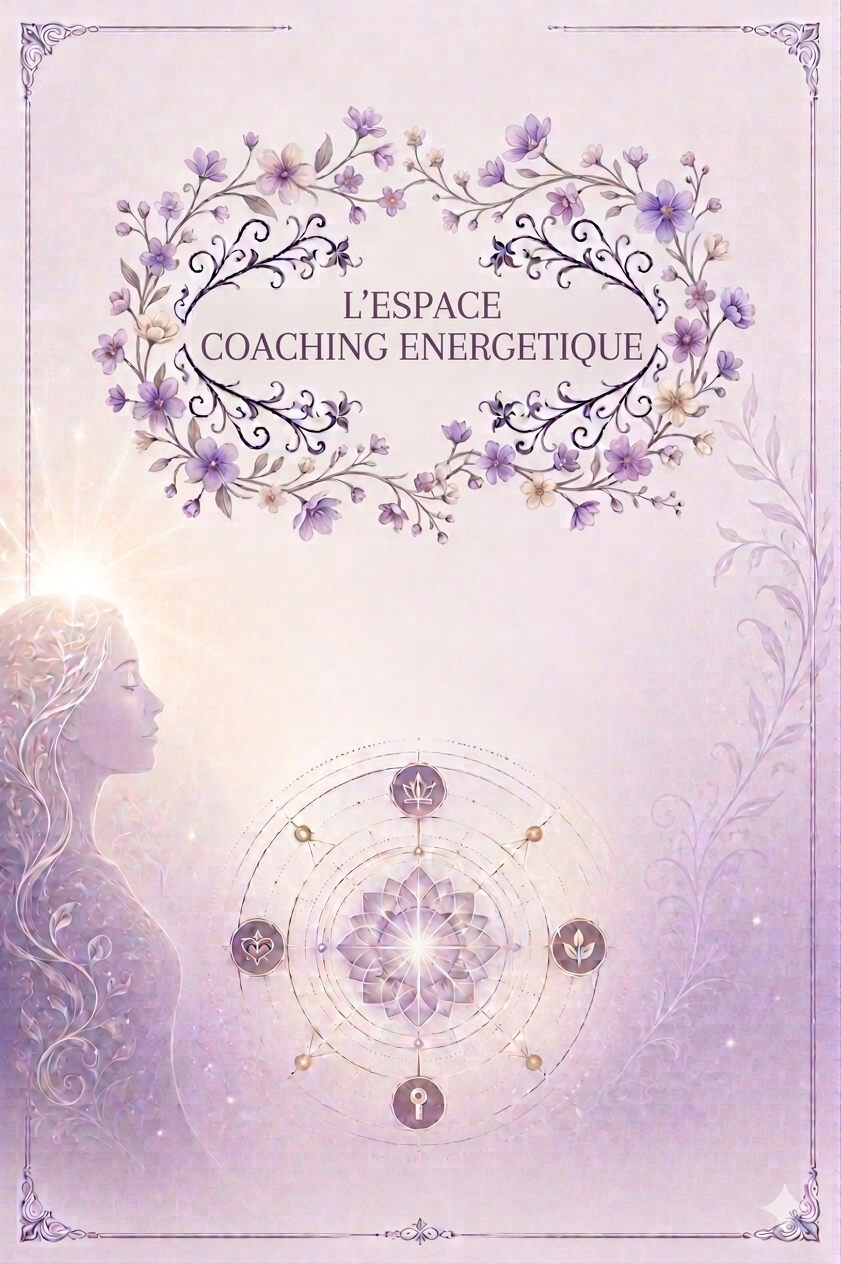 Image de présentation pour "L'ESPACE COACHING ENERGETIQUE", écrit en majuscules au centre d'une guirlande de fleurs sauvages violettes. L'arrière-plan mystique dévoile une figure féminine apaisée, connectée à une source de lumière rayonnante, et un diagramme cosmique aux détails dorés.