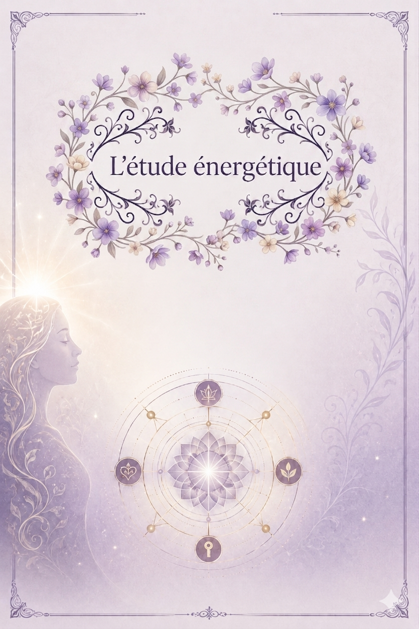 Illustration spirituelle et zen dans les tons pastel violets et dorés. Un cadre floral entoure le titre en majuscules "L'ETUDE ENERGETIQUE". En bas à gauche, le profil d'une femme sereine avec une lumière divine et rayonnante au sommet de la tête. Au centre, un mandala géométrique sacré avec des symboles mystiques (lotus, cœur, feuille, clé), sur un fond doux et lumineux.