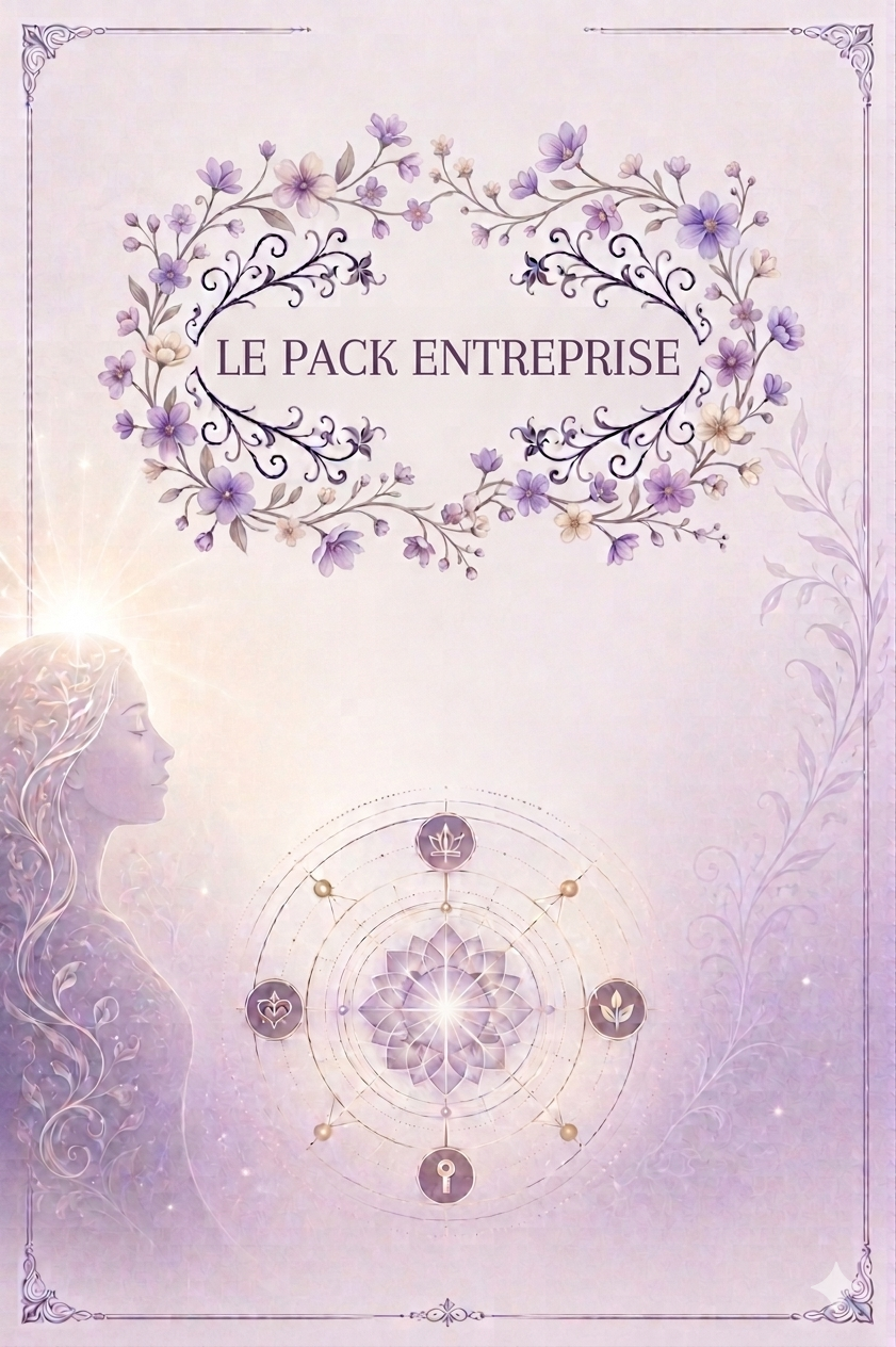 Illustration inspirante et épurée sur fond violet doux avec le titre "LE PACK ENTREPRISE" encadré par des ornements floraux et des lianes de fleurs. Le design comprend un mandala de géométrie sacrée avec des icônes d'élévation et la silhouette délicate d'une femme baignée d'une clarté spirituelle.