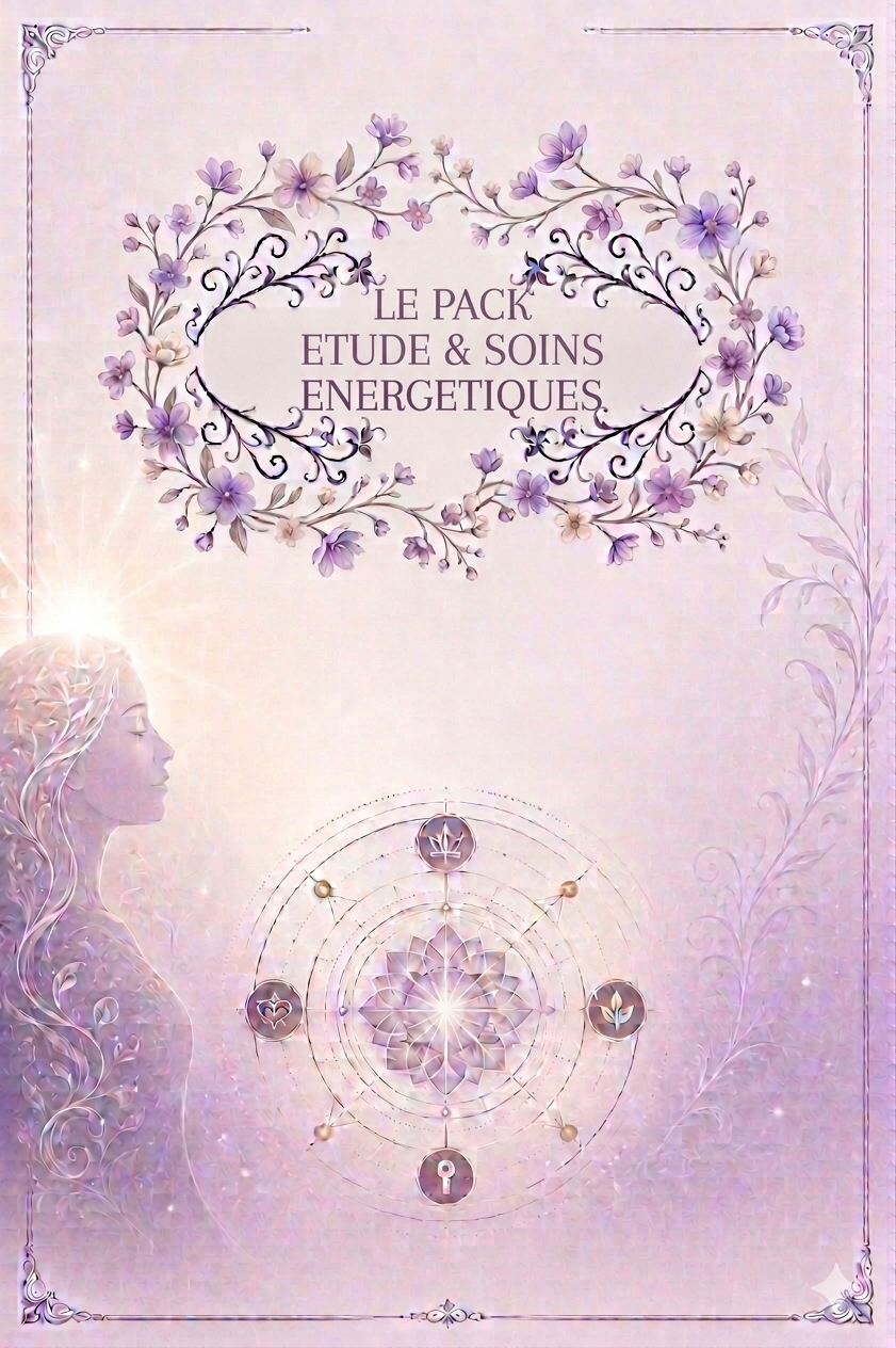 Visuel d'ambiance magique et holistique présentant le titre "LE PACK ETUDE & SOINS ENERGETIQUES" au cœur d'une couronne de fleurs pastel. Le décor féerique montre un profil de femme en méditation sous une lumière céleste, associé à une cartographie vibratoire et des motifs de vigne élégants sur les bordures.