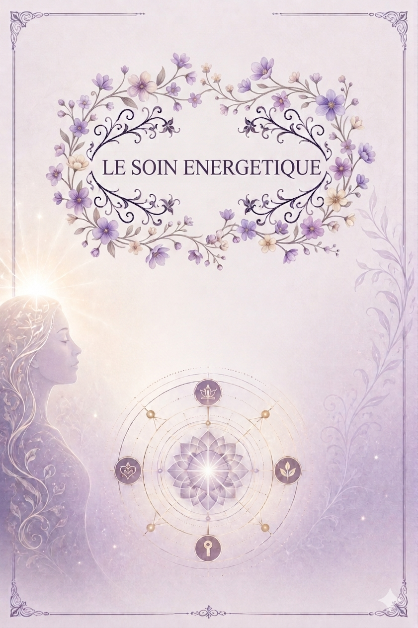 Graphisme ésotérique et harmonieux couleur lavande. Au centre d'une liane de fleurs violettes et de volutes délicates, le titre "LE SOIN ENERGETIQUE" est inscrit en lettres capitales. Le visuel intègre une silhouette féminine illuminée de l'intérieur et une roue vibratoire géométrique symbolisant l'alignement et la guérison universelle.