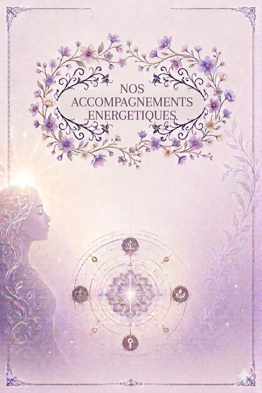 Graphisme sacré et poétique affichant le titre "NOS ACCOMPAGNEMENTS ENERGETIQUES". Le texte est entouré d'une liane fleurie dans un dégradé de violet et de beige. Une femme de profil, connectée à l'Univers par une lumière divine sur le front, fait face à une rosace géométrique et vibratoire.