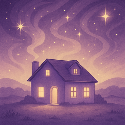 Pack Complet : Étude et Soins Énergétiques sur un Lieu - Illustration mystique d’une maison chaleureuse illuminée la nuit, sous un ciel violet étoilé aux volutes cosmiques. Art spirituel pour l’étude énergétique des lieux, nettoyage et harmonisation énergétique d’une maison, soin du lieu, géobiologie et purification énergétique.