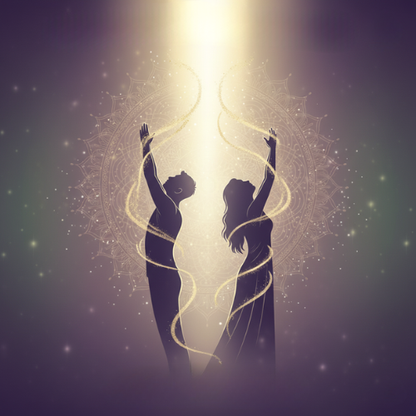 Pack Dirigeant & Activité : Alignement, Flux et Croissance - Illustration spirituelle puissante de deux silhouettes (homme et femme) les bras levés vers une lumière divine, entourées de flux énergétiques dorés en spirale, sur un grand mandala sacré. Art pour l’alignement énergétique, mise en flux, croissance personnelle et professionnelle des dirigeants, élévation vibratoire et expansion.