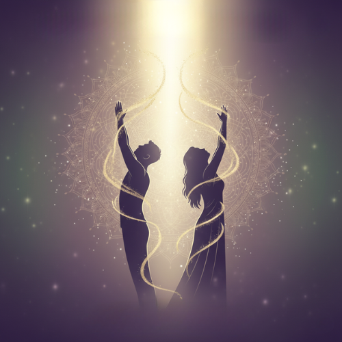 Pack Dirigeant & Activité : Alignement, Flux et Croissance - Illustration spirituelle puissante de deux silhouettes (homme et femme) les bras levés vers une lumière divine, entourées de flux énergétiques dorés en spirale, sur un grand mandala sacré. Art pour l’alignement énergétique, mise en flux, croissance personnelle et professionnelle des dirigeants, élévation vibratoire et expansion.