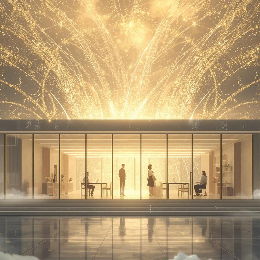Harmonisation énergétique d’un espace de travail moderne et lumineux, bureau contemporain avec personnes en interaction, baigné de lumière dorée symbolisant l’énergie positive, le bien-être professionnel, la transformation et l’équilibre des lieux. 