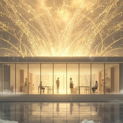 Harmonisation énergétique d’un espace de travail moderne et lumineux, bureau contemporain avec personnes en interaction, baigné de lumière dorée symbolisant l’énergie positive, le bien-être professionnel, la transformation et l’équilibre des lieux. 