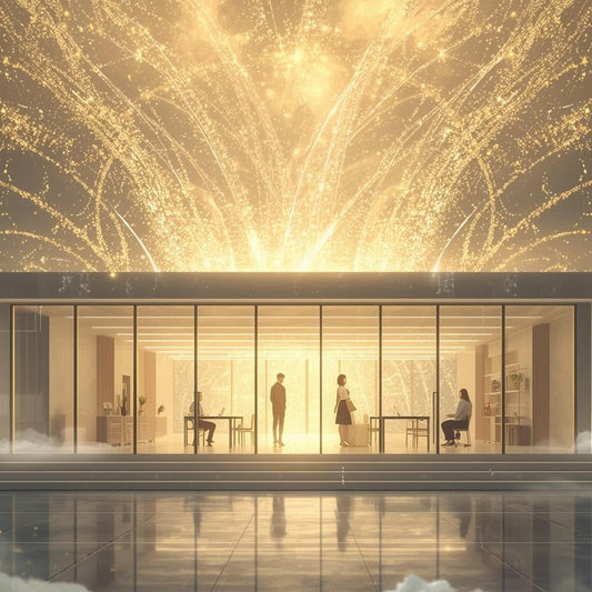 Harmonisation énergétique d’un espace de travail moderne et lumineux, bureau contemporain avec personnes en interaction, baigné de lumière dorée symbolisant l’énergie positive, le bien-être professionnel, la transformation et l’équilibre des lieux. 