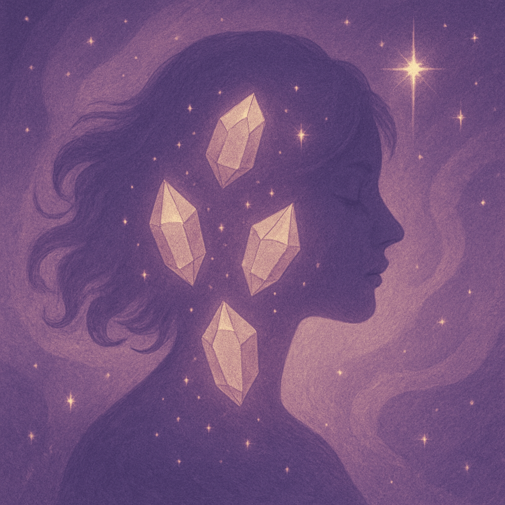 Pack ÉTUDE ET SOINS POUR LES FRAGMENTS D’ÂME - Illustration mystique et poétique d’une femme de profil dans un univers cosmique violet, entourée de cristaux de lumière dorés flottants symbolisant les fragments d’âme. Art spirituel pour la guérison émotionnelle, le soin énergétique, la reconnexion à soi et le développement personnel.