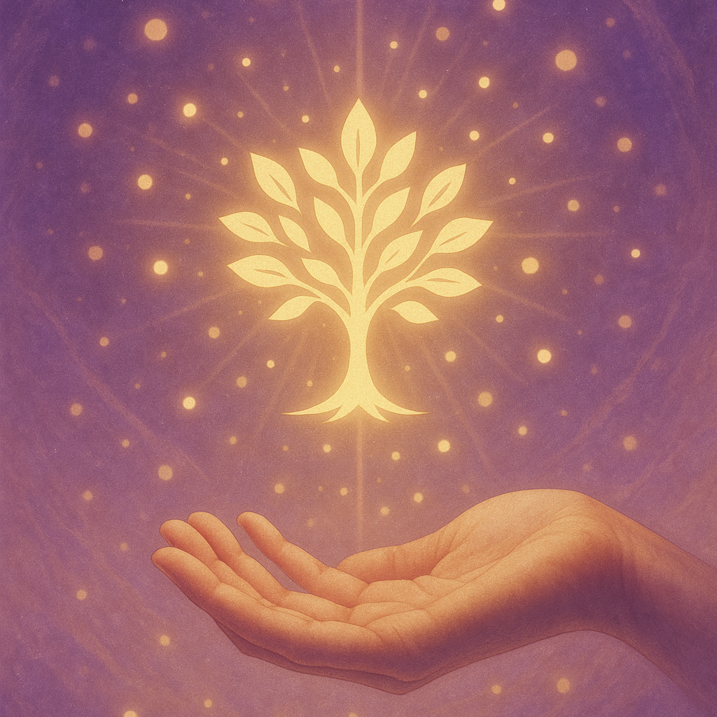 Pack ÉTUDE ET SOIN POUR L’ABONDANCE - Belle illustration mystique représentant une main tendue paume vers le haut offrant un arbre de vie doré radiant de lumière, sur un fond cosmique violet avec des particules d’énergie. Art spirituel pour l’abondance, la prospérité, la manifestation, le développement de la richesse, la guérison énergétique, la loi de l’attraction et le bien-être financier et émotionnel.