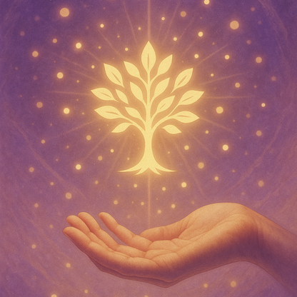 Pack ÉTUDE ET SOIN POUR L’ABONDANCE - Belle illustration mystique représentant une main tendue paume vers le haut offrant un arbre de vie doré radiant de lumière, sur un fond cosmique violet avec des particules d’énergie. Art spirituel pour l’abondance, la prospérité, la manifestation, le développement de la richesse, la guérison énergétique, la loi de l’attraction et le bien-être financier et émotionnel.