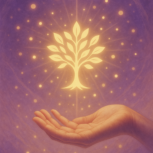 Pack ÉTUDE ET SOIN POUR L’ABONDANCE - Belle illustration mystique représentant une main tendue paume vers le haut offrant un arbre de vie doré radiant de lumière, sur un fond cosmique violet avec des particules d’énergie. Art spirituel pour l’abondance, la prospérité, la manifestation, le développement de la richesse, la guérison énergétique, la loi de l’attraction et le bien-être financier et émotionnel.