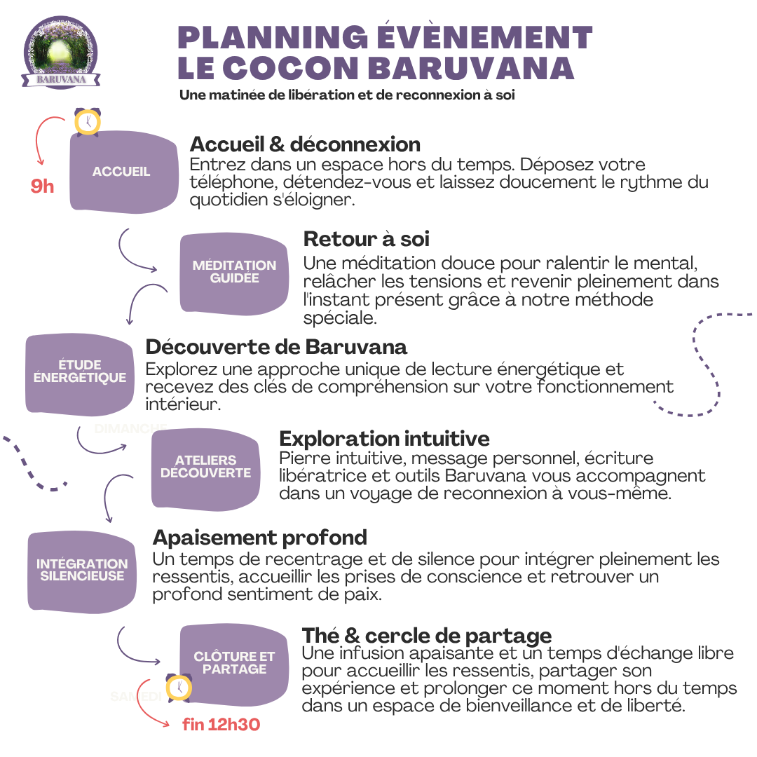 Planning de l'événement Le Cocon Baruvana : une matinée immersive de 9h à 12h30 dédiée à la libération émotionnelle, à l'apaisement et à la reconnexion à soi. Au programme : accueil et déconnexion, méditation guidée, découverte de Baruvana, ateliers intuitifs, intégration silencieuse et cercle de partage autour d'une infusion.